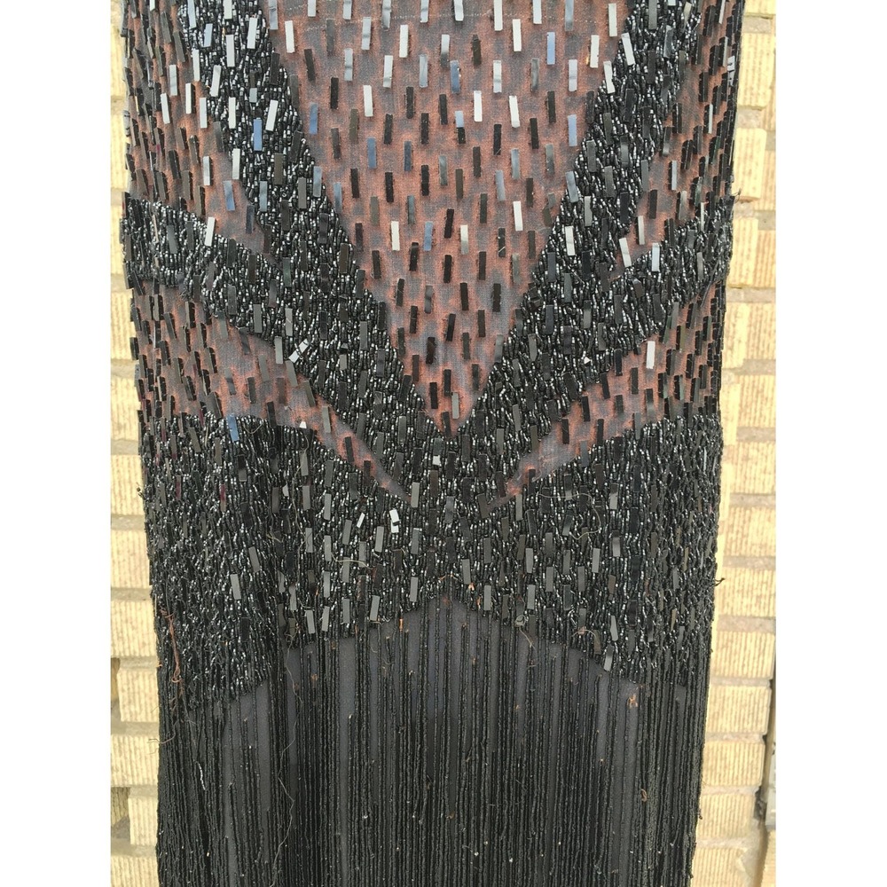 Rare 1920s Beaded Sequin Flapper Dress, Black Silk Chiffon Fringe, XS/S